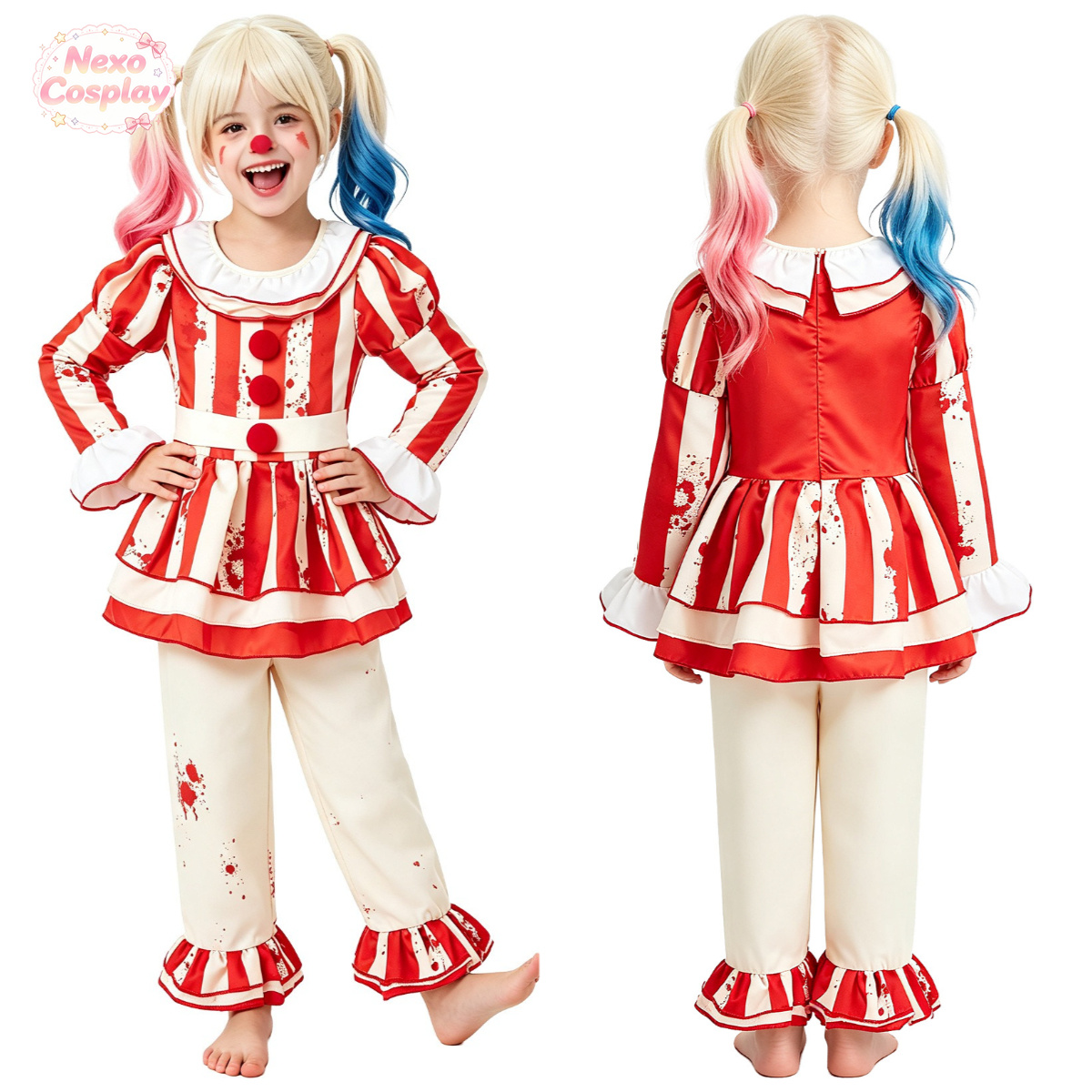 Anime Cosplay Red - Çocuklar Kırmızı Beyaz Çizgili Korku Palyaço